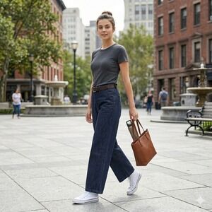 DKNY JEANS High-Rise Wide-Leg Relaxed Dark Blue Denim Jeans Pockets Women